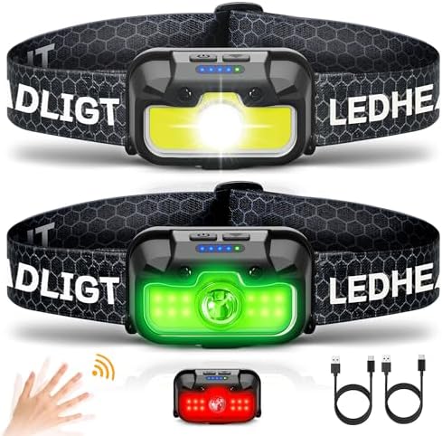 Headlamp Rechargeable, 2 Pack 1300 Lumen Ultra-Light Bright Head Lamp with White Red Green, 14 Modes Adjustable Waterproof Motion Sensor Headlight for Outdoor Camping Running Cycling Hiking