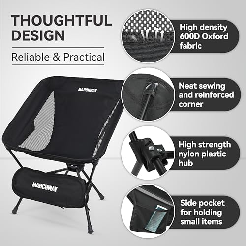MARCHWAY Lightweight Folding Camping Chair, Stable Portable Compact for Outdoor Camp, Travel, Beach, Picnic, Festival, Hiking, Backpacking, Supports 330Lbs (Black)