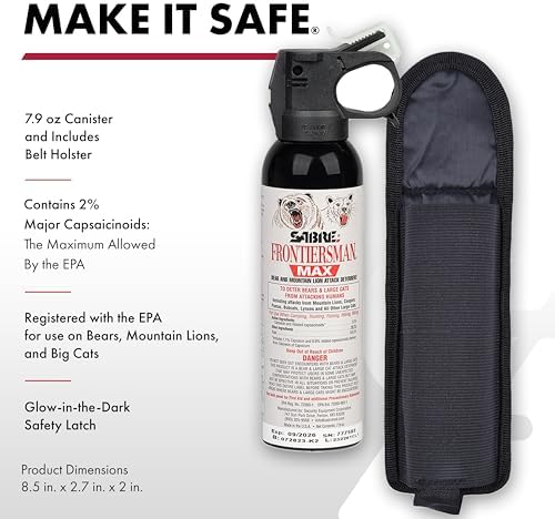 SABRE Frontiersman MAX Bear Spray – 40 ft Range, Maximum Strength, The Only EPA-Registered Spray for Bears & Mountain Lions, 7.9 oz, Glow Safety Clip, Outdoor Hiking & Camping Protection