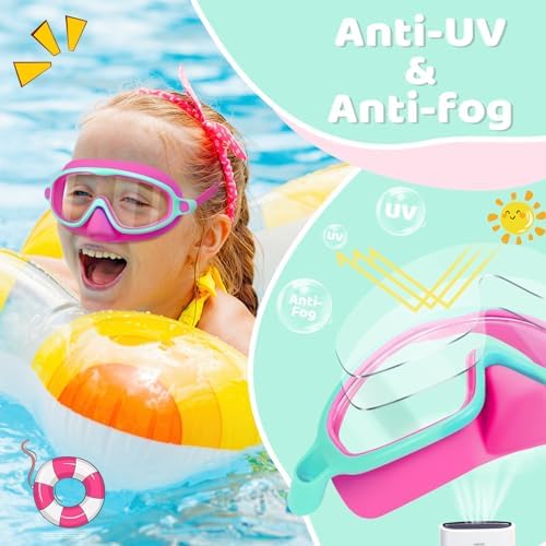 Vvinca 2 Pcs Kids-Swim-Goggles with Nose Cover, Swimming Diving Mask Wide View Anti Fog UV Anti Shattered Lens for Kids 3-6