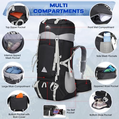 IGOLUMON 60L Hiking Backpack Waterproof Camping Backpack with Rain Cover Large Lightweight Backpacking Backpack for Men Women