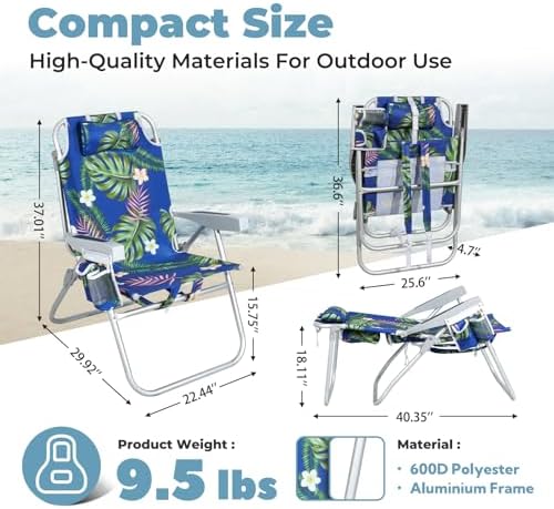 Tall Beach Chairs for Adults – 5-Position Reclining Backpack Chair with Large Insulated Cooler & Storage Pocket, Aluminum Frame, Portable for Travel & Outdoor, Supports 300lbs, Tropical Palm