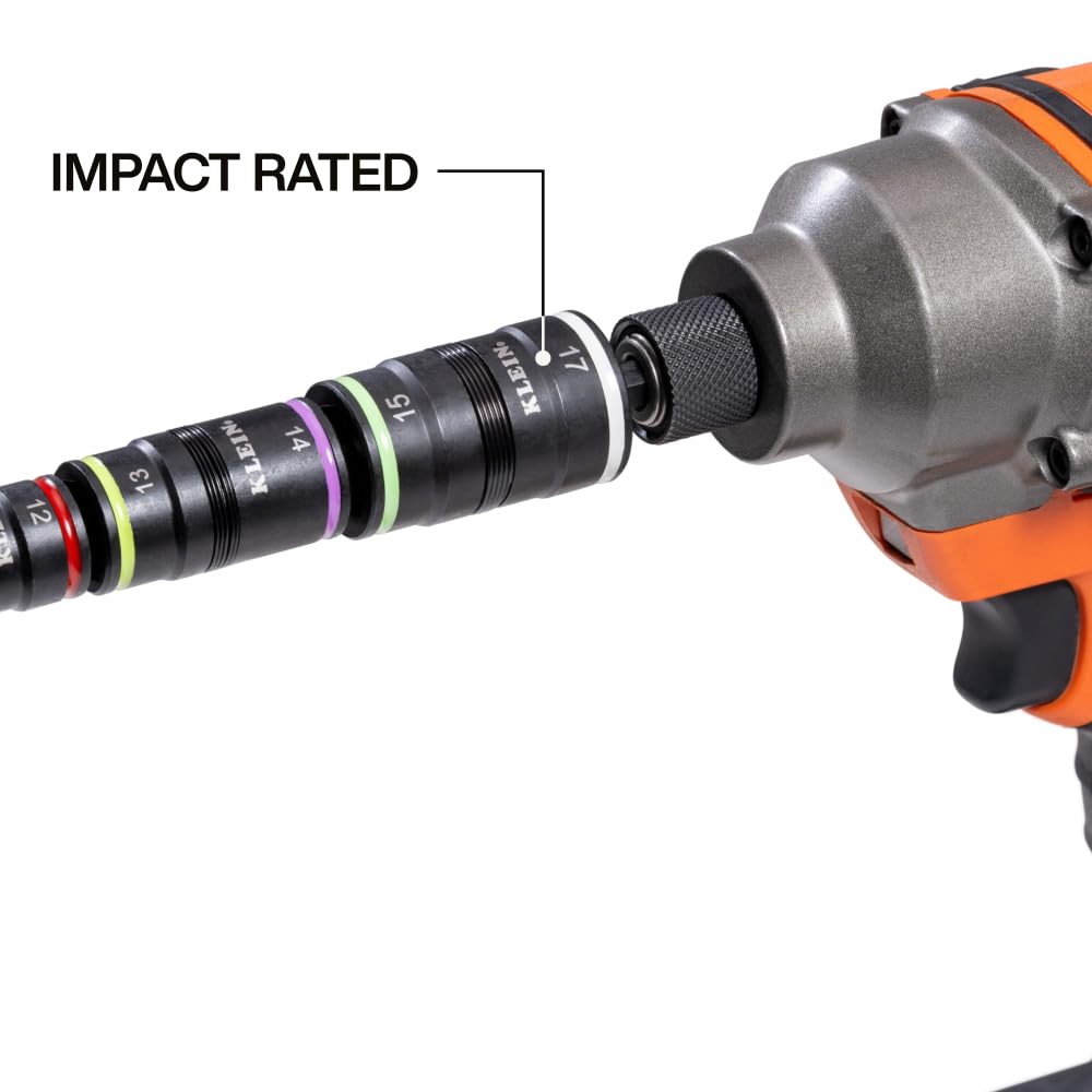 Klein Tools 32934M Impact Driver, 8-in-1 Metric Socket Set, 4 Flip Sockets with 7, 8, 10, 12, 13, 14, 15 and 17mm Nut Driver Sizes, Impact Rated 6-1/2-Inch Shaft
