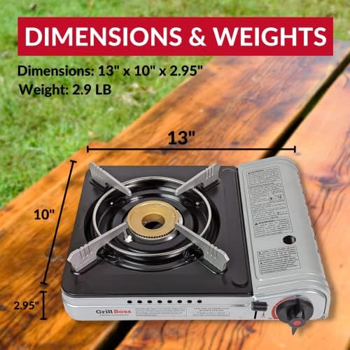 Dual Fuel Portable Stove COMBO, 12K BTU Portable Camping Stoves, w/ 4 x 8 oz. Butane Canister Tin Fuels, Dual Fuel Butane & Propane Stove for Camping, Emergencies & Outdoor Cooking by Grill Boss 90057