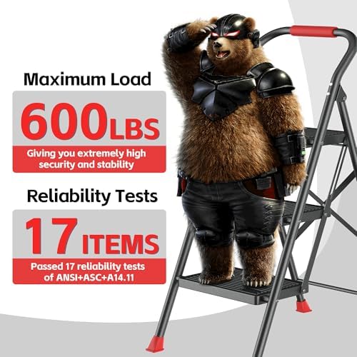 Step Ladder Foldable Folding Stool - for Home Adults Kitchen 3 Stepping Extension Tall Heavy Duty with Handrails - Closet Stepstool Stair Ladders Extendable Stepladder for Indoor House 600Lbs