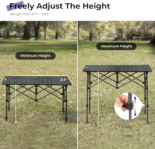 Camping Table Folding Portable Camp Aluminum Fold Up Lightweight Roll Up Table Adjustable Height with Carry Bag Indoor Outdoor for Camping, Picnic, Backyard, BBQ, Patio, Black