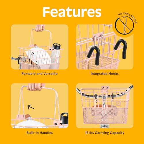 Retrospec Apollo Detachable Front Bike Basket Steel Half-Mesh with Integrated Detachable Hooks and Built-In Handle, Easy Assembly and Portability for Bicycles
