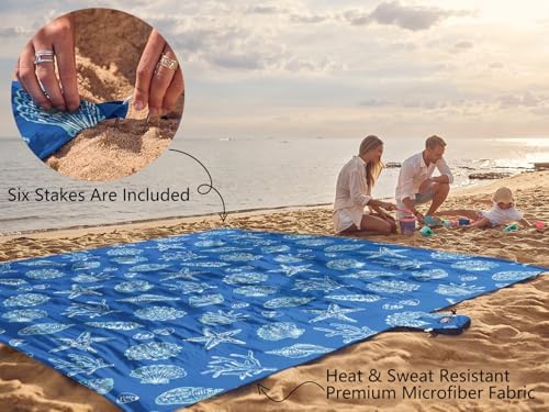 WEKAPO Beach Blanket Waterproof Sandproof Oversized, Extra Large Beach Mat Sand Free, Lightweight & Compact Sand Free Mat with 6 Stakes & 4 Corner Pockets