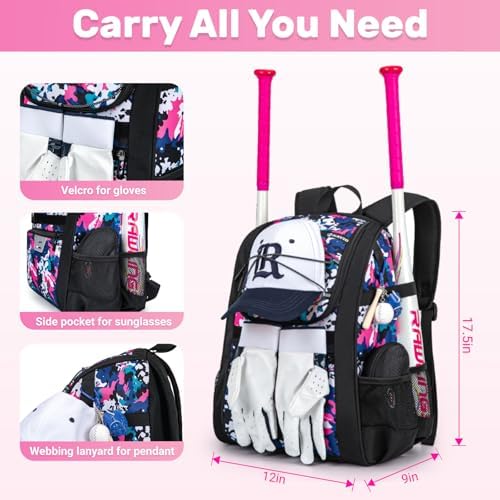 Youth Baseball Bag, Softball Bag for Girls & Boys, Kids Tball Backpack with Shoes Compartment