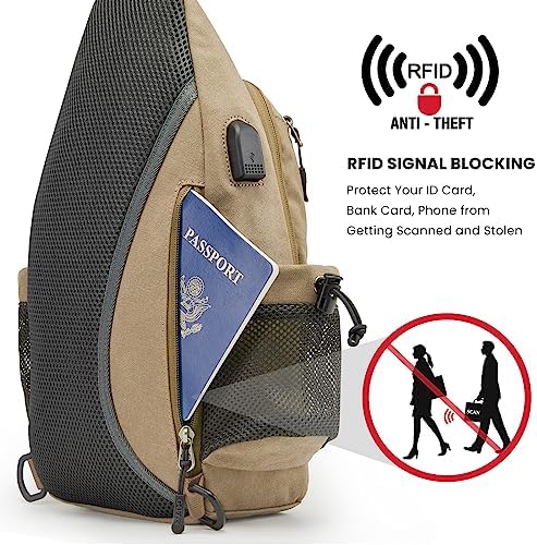 G4Free Canvas Sling Bag Crossbody Backpack with USB Charging Port & RFID Blocking, Hiking Daypack Chest Bag for Women Men