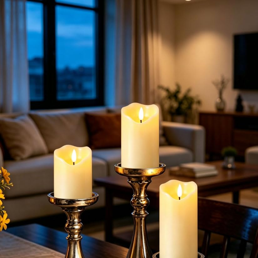 HVOPGEEUAN Flickering flameless Candles, Battery Operated Candles with Remote, led Pillar Candles,Electric Candle Set of 3,Christmas Home Wedding Birthday Decor(Ivory White) 