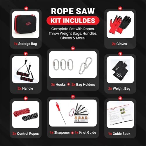 48 Inch High Limb Rope Saw – 360 Rope Chain Saw for Manual Tree Limb Cutting – Sharp Hand Chainsaw with Dual-Sided Blades – Fast and Easy Pocket Chainsaw with Ergonomic Handles and Carrying Case