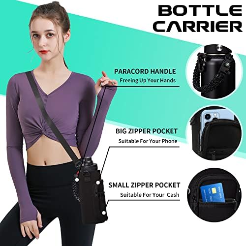 32-40-64OZ Stainless Steel Water Bottle - Black Water Bottle with Straw & Spout Lid, Paracord Handle & Bottle Sleeve, Insulated Vacuum Water Flask Double-Wall Metal Thermo Cup Canteen for Gym School