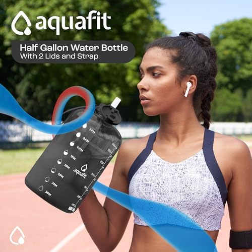 AQUAFIT 64 oz Water Bottle with Time Marker - Straw & Chug Lid - BPA Free Half Gallon Water Bottle, Big Water Bottle with Straw, Gym Water Bottle with Handle, Gallon Water Jug (Nebula, 64 Ounces)