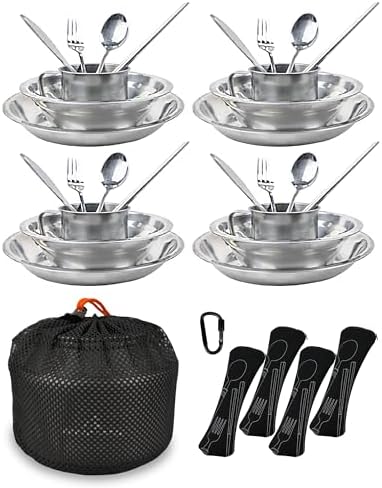 Stainless Steel Camping Mess Kit - Person's Complete Picnic & Camp Dish Set, Includes Plate, Bowl, Cup & Utensils