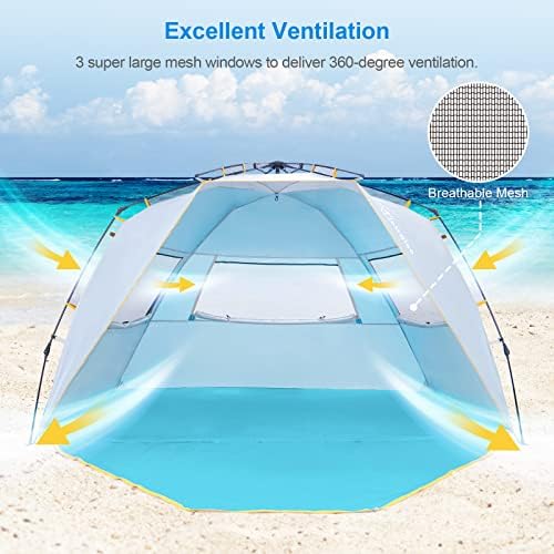 WolfWise 4-5 Person Easy Up Beach Tent UPF 50+ Portable Instant Sun Shelter Canopy Umbrella with Extended Zippered Porch, Blue
