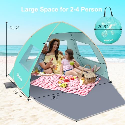 Gorich Easy Pop Up Beach Tent for 3-4 Person, UPF 50+ UV Protection Beach Umbrella Sun Shelter, Portable Lightweight Cool Cabana Shade with Easy Foldable & Instant Setup