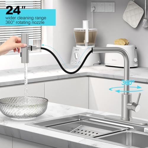 Brushed Nickel Single Hole Kitchen Faucets with Pull Down Sprayer, Single Handle, High Flow Water, Pull Out Tap, Stainless Steel Sink Faucet, Suitable for Farmhouse Camper Laundry Rv Bar
