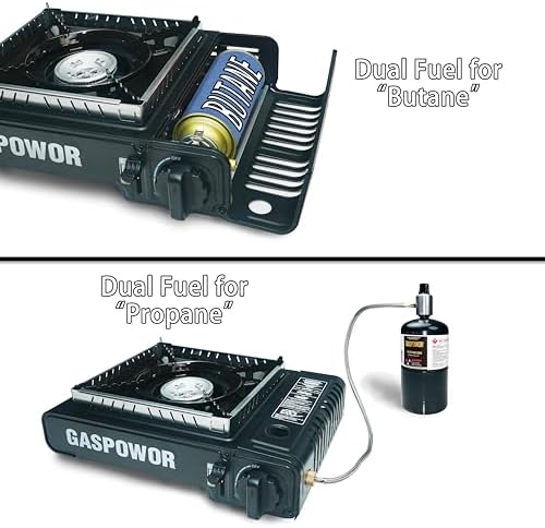 Dual Fuel Camp Stove with Windblocker, Propane or Butane Stove10000 BTU With Propane Adapter Hose and Carrying Case Propane Stove for Camping,Gas Portable Stove for Huting, Hikingļ¼Fuel not includedļ¼
