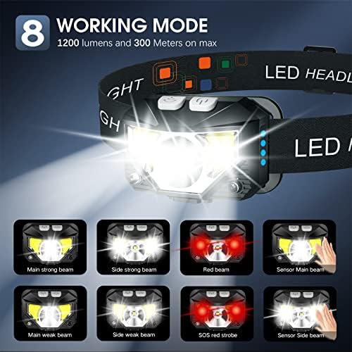 LHKNL Headlamp Flashlight, 1200 Lumen Ultra-Light Bright LED Rechargeable Headlight with White Red Light,2-Pack Waterproof Motion Sensor Head Lamp,8 Modes for Outdoor Camping Running Hiking Fishing