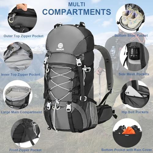 60L Hiking Backpack, Water Resistant Camping Backpack with Rain Cover, Large Lightweight Hiking Bag Outdoor Travel Daypack for Men Women, Black