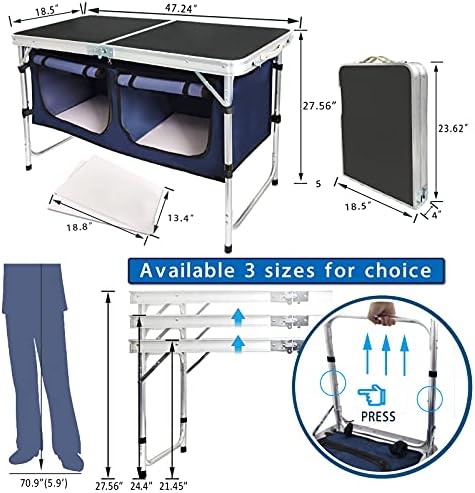 Folding Camping Table with Storage Compartment Aluminum Lightweight Camp Kitchen Table Height Adjustable Indoor/Outdoor Table Perfect for Tailgating, Backyards, BBQ,Picnic, Black