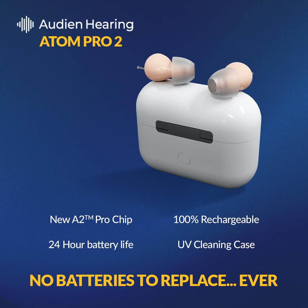 Audien ATOM PRO 2 Wireless Rechargeable OTC Hearing Aid, Premium Comfort Design and Nearly Invisible