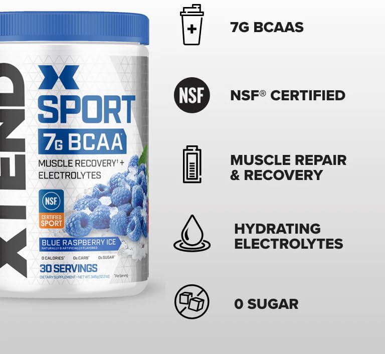 XTEND Sport BCAA Powder Blue Raspberry Ice - Electrolyte Powder for Recovery & Hydration with Amino Acids - 30 Servings