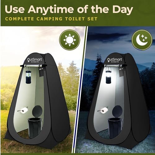 Outdoor Portable Toilet Set for Adults with Camping Night Lantern, Folding XL Toilet, Pop Up Privacy Tent and Carry Bags, Multipurpose Potty, Washable and Foldable for RV Travel