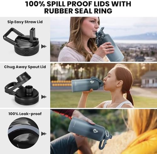 Insulated Water Bottle 87 oz, Triple Wall Vacuum Stainless Steel (Cold for 48 Hrs), Leak Proof & Non-BPA, Modern Water Flask Jug with Paracord Handle & Straw Spout Lids, Dark Grey