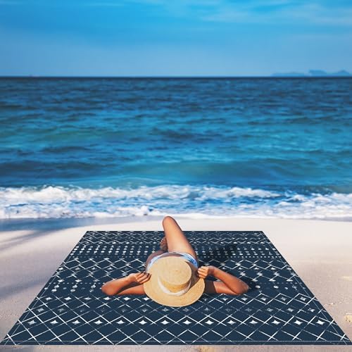 Beach Blanket Waterproof Sandproof, Large Beach Picnic Blankets Foldable Sand Free, Beach Mat Windproof w/Stakes and Corner Pocket for Outdoor, Travel, Camping, Hiking, Beach Essentials-Navy Geometry