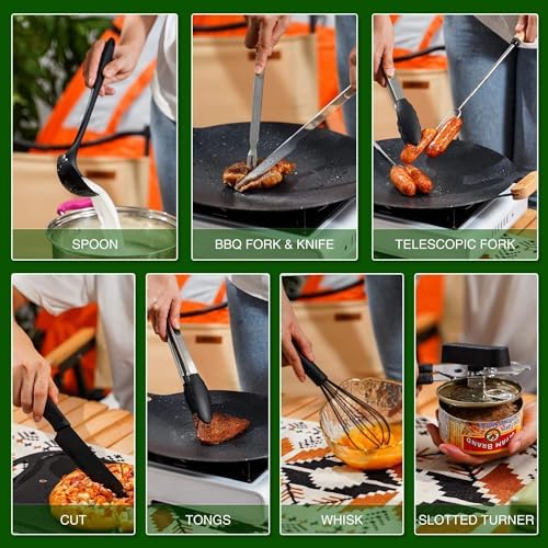 Camping Essentials Cookware Cooking Utensils Set - Portable Camp Kitchen Mess Kit Outdoor Accessories, Stainless Steel & Silicone, Camping Gear Equipment for RV Picnic Grill