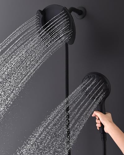 2-in-1 Shower Head with Handheld Combo: 2.5GPM Rainfall & Handheld Shower Head Use Together or Alone, 9 Spray Settings Hand Held Shower Head with Hose, Black