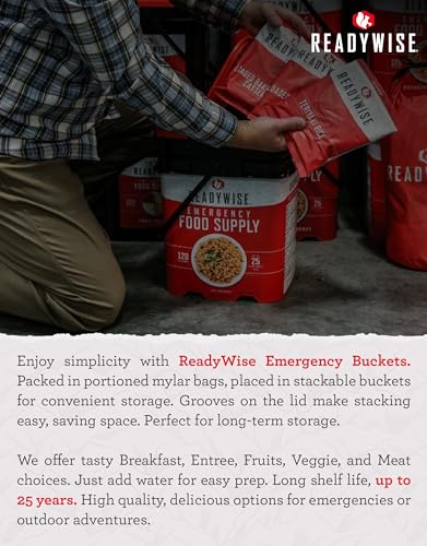 READYWISE - Emergency Food Supply Bucket, 120 Servings, MRE Meal Food Supply, Premade, Freeze Dried Survival Rations for Hiking, Adventure & Camping Essentials, Individually Packaged, 25 Year Shelf Life