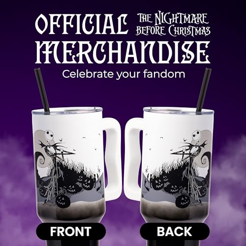 Silver Buffalo Disney Nightmare Before Christmas by Tim Burton Jack Skellington Hill and Moon Stainless Steel Tumbler with Handle and Straw, Fits in Standard Cup Holder, 40 Ounces