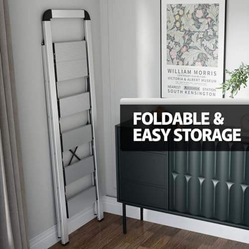 KINGRACK Aluminium 5 Step Ladder, Lightweight Step Stool with Non-Skid Pedals, Handrail, Foldable Step Ladder for Kitchen, Garage, Home, Space Saving, Sturdy and Portable, Silver