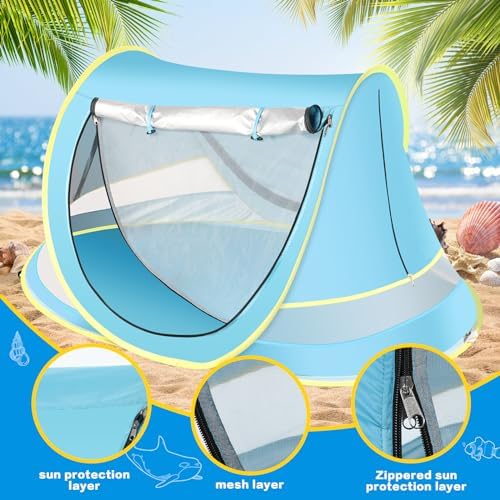 Baby Beach Tent with Baby Hat, Pop Up Toddler Travel Tent with Sun Hat for Boys or Girls, Sun Shade for Toddler Camping, Infant Portable Sun Shade, Summer Beach Baby (Blue Baby Tent with Hat)