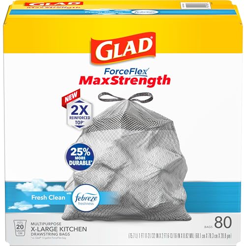 Glad Tall Kitchen Trash Bags 20 Gallon, XL MaxStrength Febreze Fresh Clean Garbage Bags, Drawstring, 80 Count
