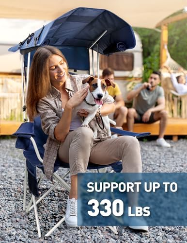 Beach Chair with Canopy Shade and Fan – 360° Rotatable & 3-Speed Airflow, Camping Chair with Canopy and Powerful & Quiet Fan, Cup Holder, Side Pocket – Supports 330 LBS
