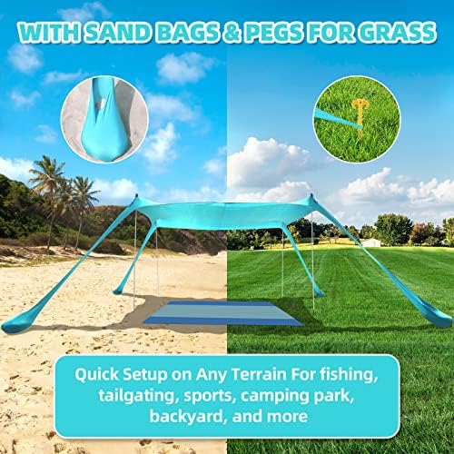 Beach Tent Sun Shelter UPF50+, 10x10 FT Family Beach Shade Canopy with 4 Aluminum Poles, Beach Blanket, Carrying Bag and Sand Shovel, Outdoor Pop Up Tent for Beach Camping Trips