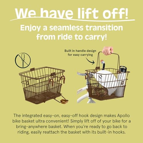 Retrospec Apollo Detachable Front Bike Basket Steel Half-Mesh with Integrated Detachable Hooks and Built-In Handle, Easy Assembly and Portability for Bicycles