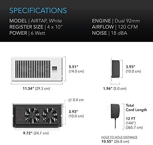 AC Infinity AIRTAP T4 White, Register Booster Fan for 4” x 10” Register Holes, Improves Heating & Cooling Vents, Quiet 10-Speeds, Bluetooth App Control Data Alerts
