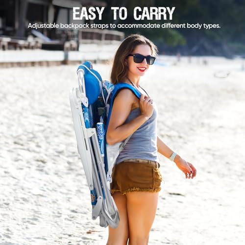 Reclining Beach Chair Backpack 5-Position Lay Flat Lounge Chair for Adults Heavy Duty Portable Folding Lightweight with Cooler Bag Camping Chair for Sand Outdoor