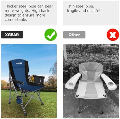 XGEAR Portable Camping Chairs for Adults with Padded Hard Armrest, Sturdy Folding Camping Chair with Cup Holder, Storage Pockets Carry Bag Included, Support to 300 lbs(Blue)