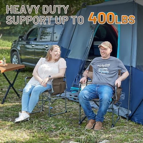 TIMBER RIDGE Heavy Duty Camping Chair with Compact Size, Portable Directors Chair with Side Table and Pocket for Camping, Lawn, Sports and Fishing, Supports Up to 400lbs, Tan