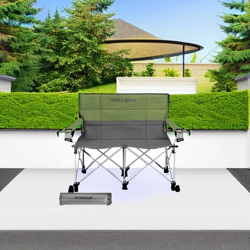 VIVOSUN Double Camping Chair, Fully Padded Folding Loveseat, Portable Oversized Duo Chair with Storage Cup Holders, Height-Adjustable Armrests & Carry Bag, Supports up to 500lbs, Green & Grey