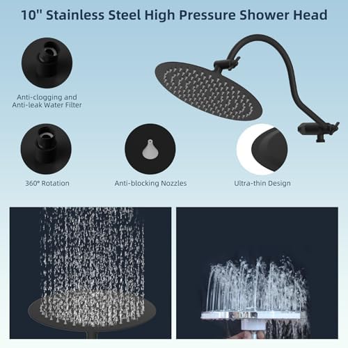 Hibbent All Metal Shower Head, 10'' High Pressure Rainfall Shower Head, Handheld Showerhead Combo, 12'' Adjustable Curved Extension Arm, 7 Sprays, 71'' Shower Hose, Showerhead Holder, Matte Black