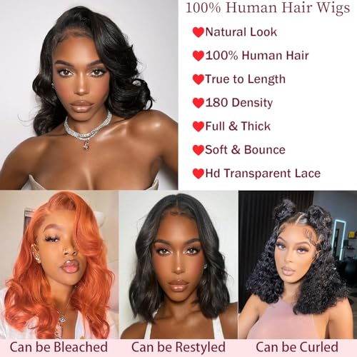 Bob Wig Human Hair 13x4 Body Wave Lace Front Wigs Human Hair 180% Density Lace Front Wigs Human Hair Pre Plucked Human Hair Wigs for Black Women Wigs Human Hair with Baby Hair (14 Inch, Natural Black)