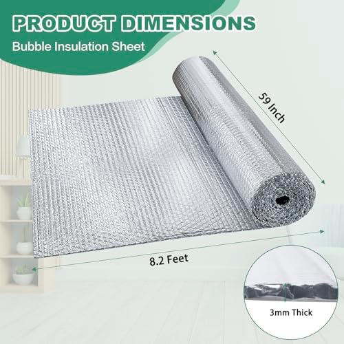 Reflective Bubble Insulation Sheet, Double Side Aluminum Foil Bubble Shield, Aluminum Foil Thermal Insulation Radiant Barrier for Windows, RV, Roof, Garage Door (59IN X 8.2FT)