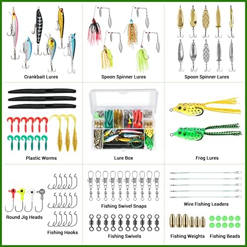 PLUSINNO Fishing Lures Baits Tackle Including Crankbaits, Spinnerbaits, Plastic Worms, Jigs, Topwater Lures, Tackle Box and More Fishing Gear Lures Kit Set, 102/302Pcs Fishing Lure Tackle